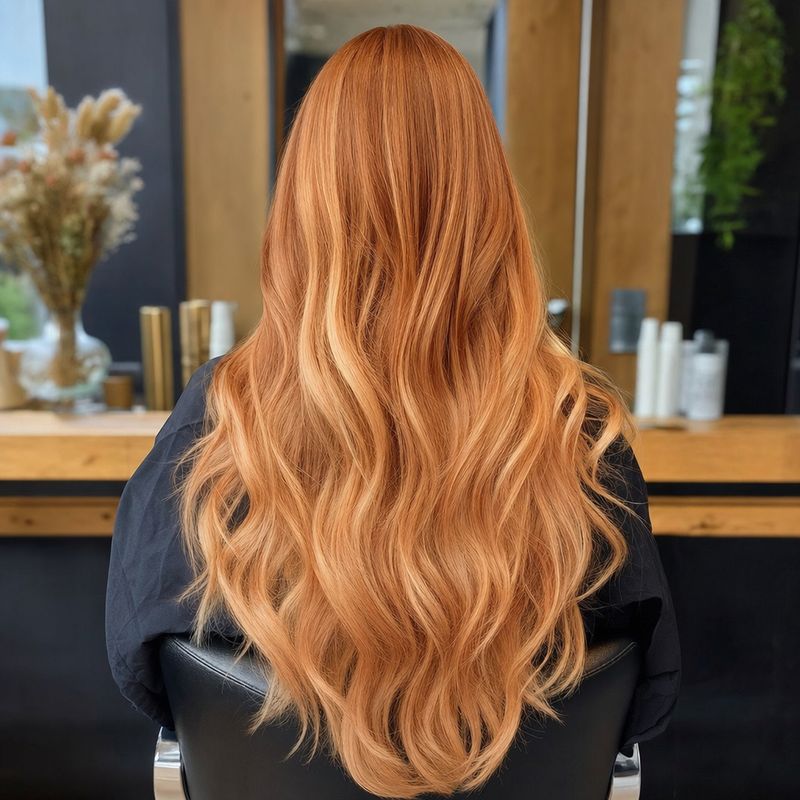 finished waist-length loose waves photographed straight from behind; one continuous copper-to-strawberry-blonde balayage, no dark brown or platinum hair