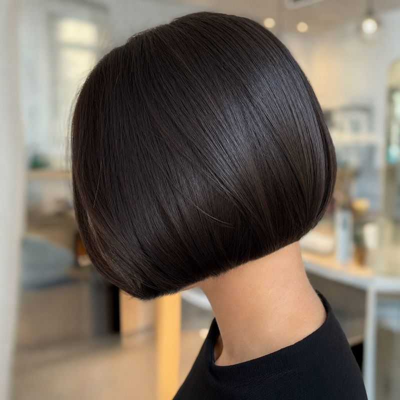 a finished razor-sharp chin-length bob in uniform glossy espresso brown, photographed as a tightly cropped side profile; no waves, no blonde and no copper