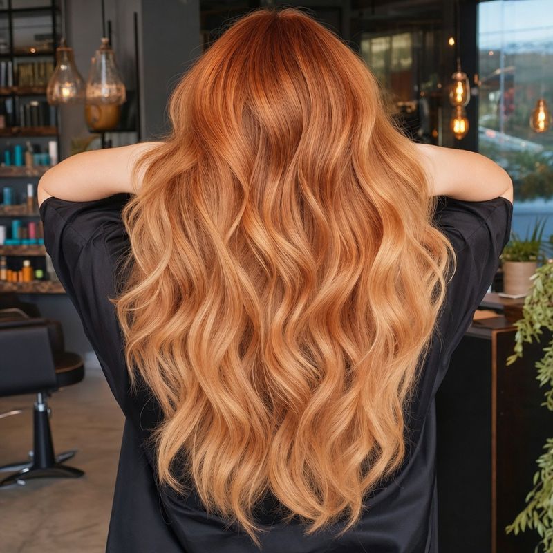 finished waist-length loose waves photographed straight from behind; one continuous copper-to-strawberry-blonde balayage, no dark brown or platinum hair