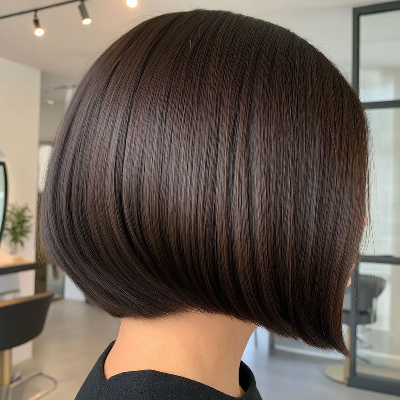 a finished razor-sharp chin-length bob in uniform glossy espresso brown, photographed as a tightly cropped side profile; no waves, no blonde and no copper